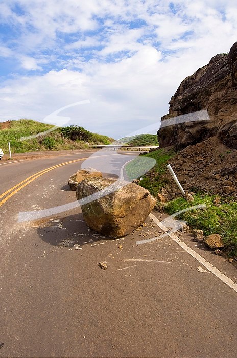 Fallen rock on road, northwest  Maui, Hawaii, United States