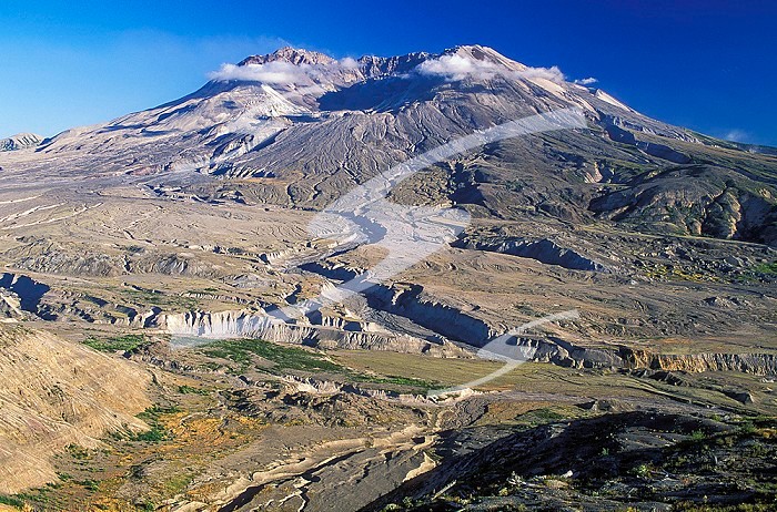 USA, Washington State, Mount St.Helens, shot of Mt. Saint Helens showing the slope and the damage from the eruption.. USA, Washington State, Mount St Helens, area of erosion near crater