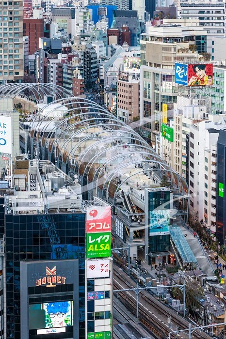 Tokyo, Japan, 28 January 2023 - View over Shibuya’s Miyashita Park.. Tokyo and Shibuya cityscape