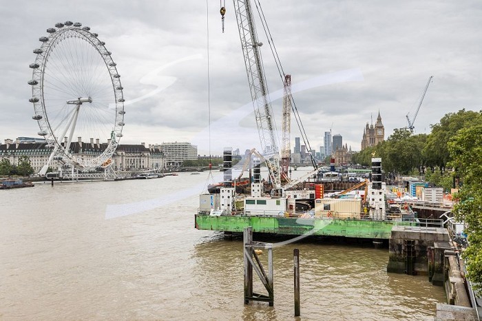 London, England, UK, 4 July 2023 - London Super Sewer’s Embankment site, with Big Ben and Westminster in the background.