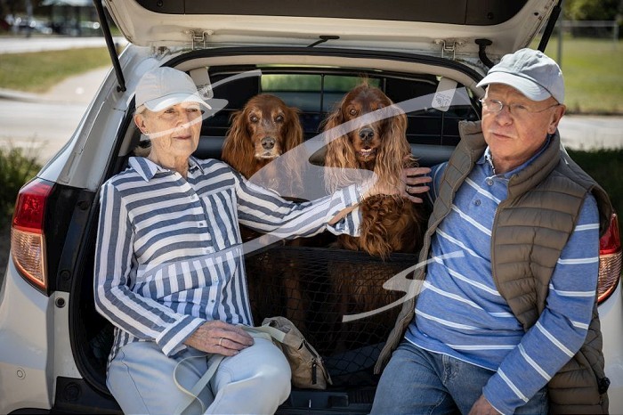 Gorey, Jersey, UK, 5 May 2022 - Miriam and Adam Hall with their dogs.. Jersey