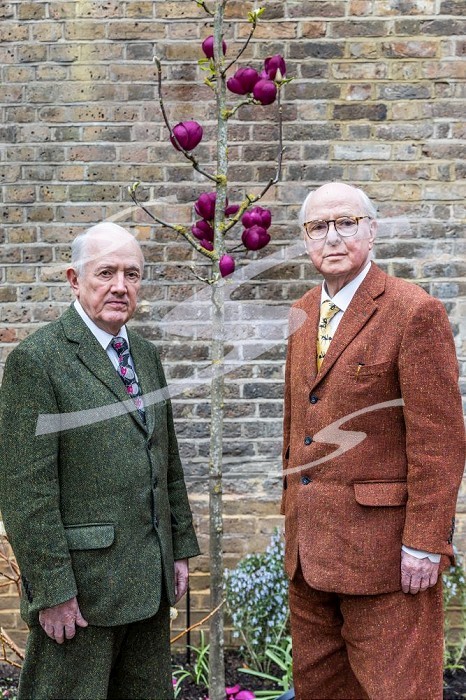 London, England, Uk, 23 March 2023 - British artists Gilbert (left) & George (right) pose in the garden outside the Gilbert & George Center, to be open on 1 April 2023 near Brick Lane in East London.. Gilbert & George