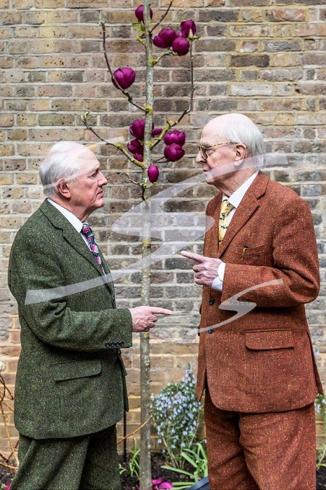 London, England, Uk, 23 March 2023 - British artists Gilbert (left) & George (right) pose in the garden outside the Gilbert & George Center, to be open on 1 April 2023 near Brick Lane in East London.. Gilbert & George