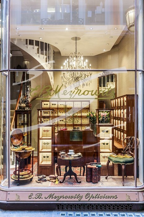 London, England, UK, 17 October 2022 - Shop window of E.B. Meyrowitz, a tiny shop in Mayfair’s Royal Arcade creating luxury bespoke eyewear.. E.B. Meyrowitz in London