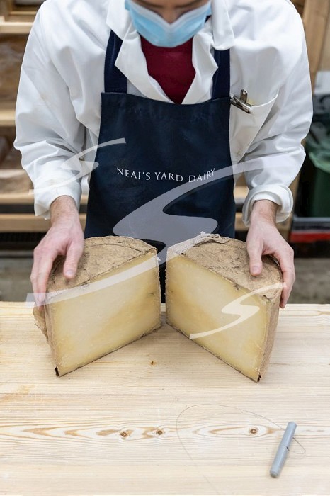London, England, Uk, 20 October 2023 - An employee cuts a cheddar before shipping it to Italy at Neal’s Yard Dairy in Bemondsey. Neal’s Yard Dairy is a London-founded artisanal cheese retailer and worldwide wholesaler.. British cheese