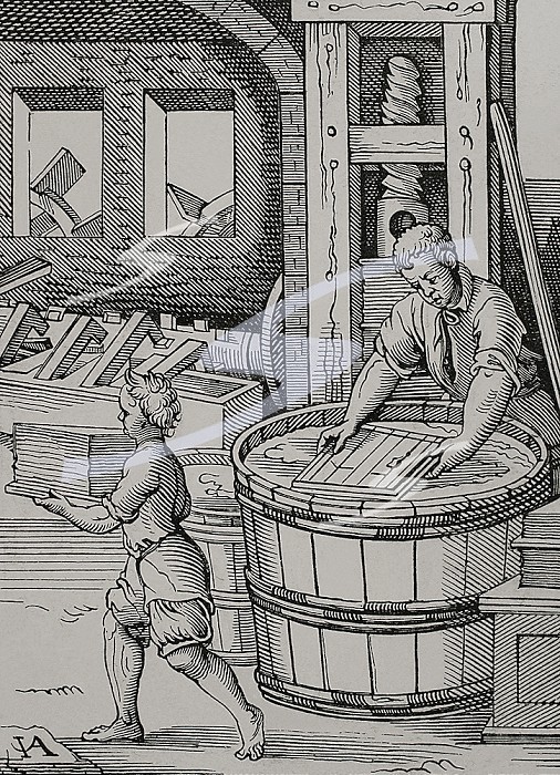 Paper manufacturer. Drawing and engraving by Jost Amman, 16th century. ’