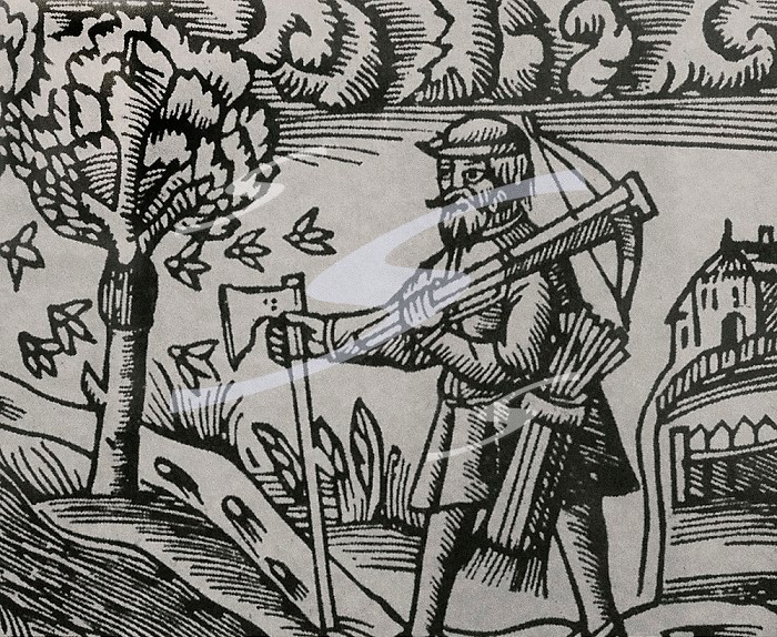 Peasant with axe, bow and arrows, 16th century, Woodcut of unknown artist. Sweden, 16th century. . Woodcut depicting a peasant with axe, bow and arrows.