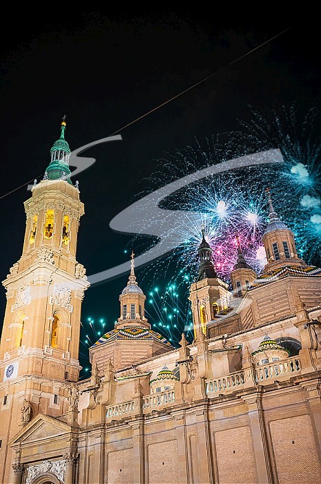 The fireworks put the finishing touch to the Fiestas del Pilar of Zaragoza, Spain