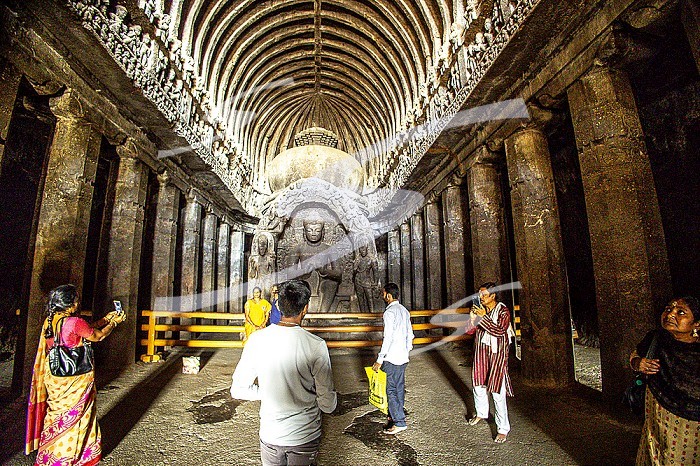 Ellora caves, a UNESCO World Heritage Site in Maharashtra, India. Cave 10. Indian tourists