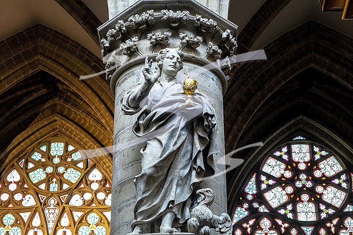 Saints Michael & Gudule cathedral, Brussels, Belgium. Saint John statue