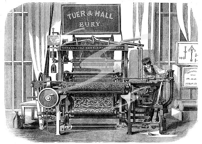 The International Exhibition: Tuer and Hall´s power-loom for weaving carpets..., 1862. Creator: E Bourdelin.