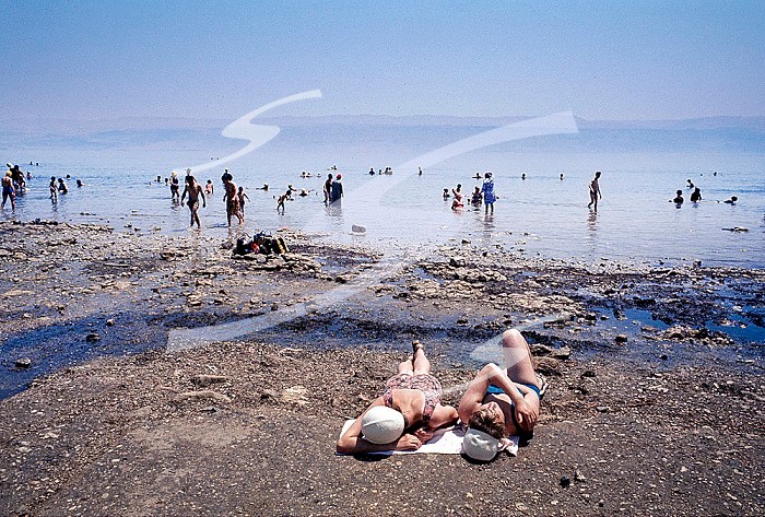 Beachgoers, Dead Sea with far view of Jordanian border, Southern District, Israel, Bernard Gotfryd, 1971
