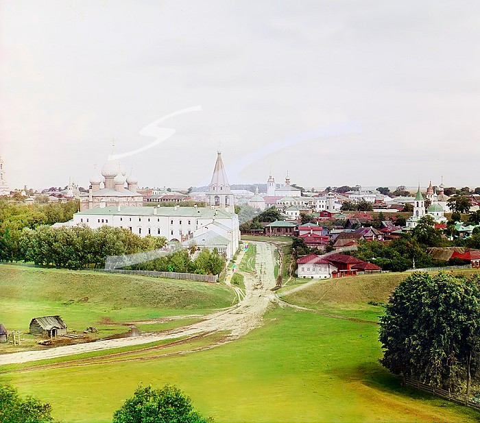 General view of Suzdal with a cathedral from the bell tower of the Dimitrievskaia Church, 1912. Creator: Sergey Mikhaylovich Prokudin-Gorsky.