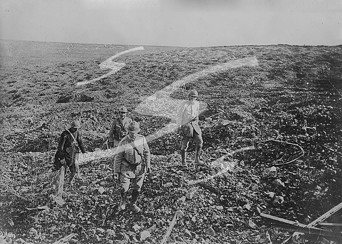 Chaplain & stretcher bearers, France, 27 Aug 1917. Creator: Bain News Service.