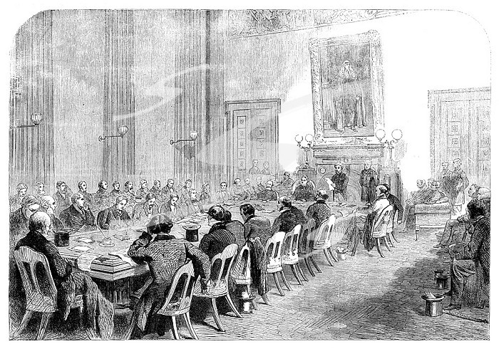 The Cotton Famine: meeting of the central relief committee...Manchester townhall..., 1862. Creator: Unknown.