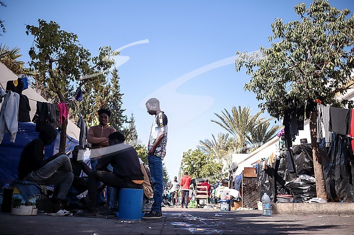 TUNIS, TUNISIA, A view of street, that African migrants living in tent in Tunis. African migrants who arrived in Tunisia illegally take shelter at a street 200 meters from the International Organization for Migration (IOM) building in Tunis, Tunisia on March 18, 2024.. African migrant camp in Tunisia