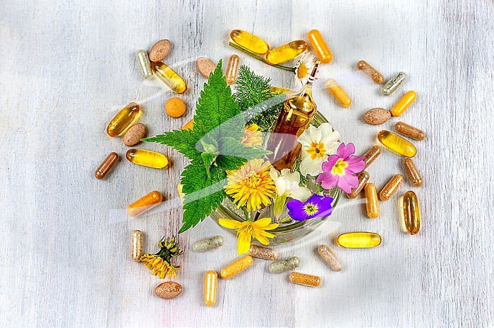Capsules and tablets of food supplements around a basket of medicinal plants and flowers.