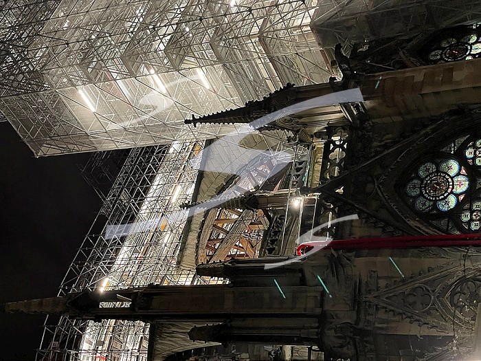 Scaffolding for the restoration of Notre-Dame de Paris Cathedral in France after the fire of April 15, 2019.