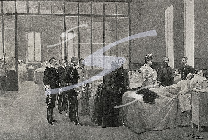 Spanish-American War. War between Spain and the United States in 1898, as a result of the US intervention in the Cuban war of Independence. Madrid, Spain. Queen Regent Maria Christina of Habsburg-Lorraine visiting repatriated wounded soldiers at the Hospital del Buen Suceso. Illustration by Comba. Photoengraving by Laporta. La Ilustracion Espanola y Americana, 1898. (Photo by: Prisma/Universal Images Group via Getty Images). Queen Regent Maria Christina of Habsburg-Lorraine visiting repatriated wounded soldiers at the Hospital del Buen Suceso. 