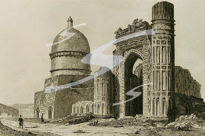 Persia. Soltaniyeh, Zanjan Province. The capital of the Ilkhanate rulers of Persia during the 14th century. Exterior of the Soltaniyeh Mosque. At the end of the 16th century the city was practically abandoned and its monuments in ruins. Engraving. Panorama Universal. History of Persia, 1851.. Exterior of the Mosque of Soltaniyeh Mosque. 