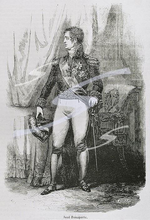 Joseph I Bonaparte (1768-1844). King of Naples (1806-1808) and king of Spain (1808-1813). Elder brother of Napoleon I, who granted him the Spanish throne, causing the uprising of May 2, 1808. Illustration by Zarza. Engraving by Rico. Historia General de Espana by Father Mariana. Madrid, 1853. (Photo by: Prisma/Universal Images Group via Getty Images). Joseph I Bonaparte.