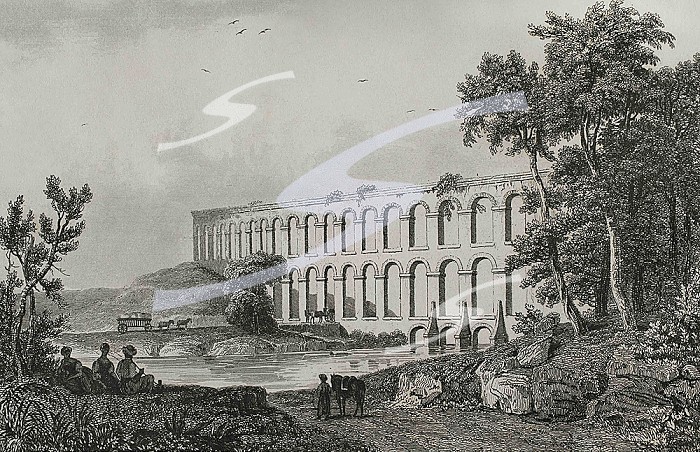 Ottoman Empire. Turkey. Constantinople (today Istanbul). The aqueduct of Uzunkemer near Belgrade Forest. It is an Ottoman aqueduct bridge on the northern branch of the Kirkcesme Supply System completed in 1563. Engraving by Lemaitre, Danvin and Cholet. Historia de Turquia by Joseph Marie Jouannin (1783-1844) and Jules Van Gaver, 1840.. Turkey. Istanbul. The aqueduct of Uzunkemer near Belgrade Forest. Engraving, 19th century.
