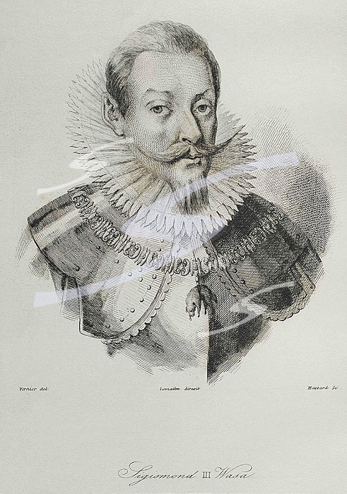 Sigismund III Vasa (1566-1632) or Sigismund III of Poland. King of Poland (1587-1632) and Sweden (1592-1599), Grand Duke of Lithuania and monarch of the united Polish-Lithuanian Commonwealth (1587-1632). Grand Duke of Filand from 1592 to 1599. Engraving by Lemaitre, Vernier and Massard. History of Poland, by Charles Foster. Panorama Universal, 1840.. Sigismund III Vasa (1566-1632). Engraving, 1840. 