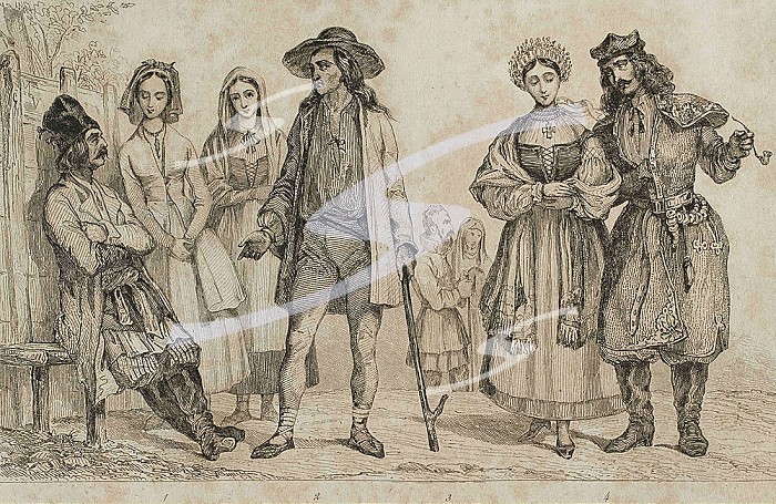 Poland. From left to right: 1- Mazoviens, 2- Highlanders, 3- Lithuanians, 4- Cracowians.  Engraving by Lemaitre. History of Poland, by Charles Foster. Panorama Universal, 1840.. Poland. From left to right: 1- Mazoviens, 2- Highlanders, 3- Lithuanians, 4- Cracowians. Engraving, 1840.