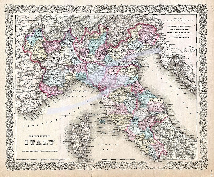 1855, Colton’s Map of Northern Italy and Corsica