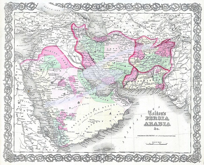 1855, Colton Map of Persia and Arabia, Saudi Arabia, Iraq, Israel and Afghanistan 