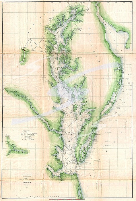 1855, U.S. Coast Survey Chart or Map of Chesapeake Bay and Delaware Bay